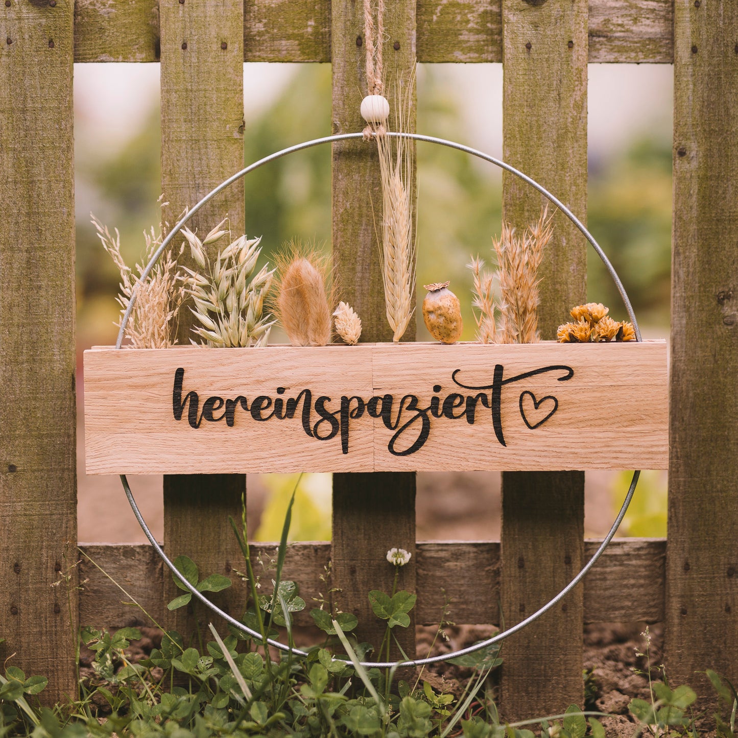 Türkranz Haustür mit Trockenblumen ''hereinspaziert + Herz'' I Dekokranz ganzjährig I Willkommenskranz graviert I Türdekoration aussen innen