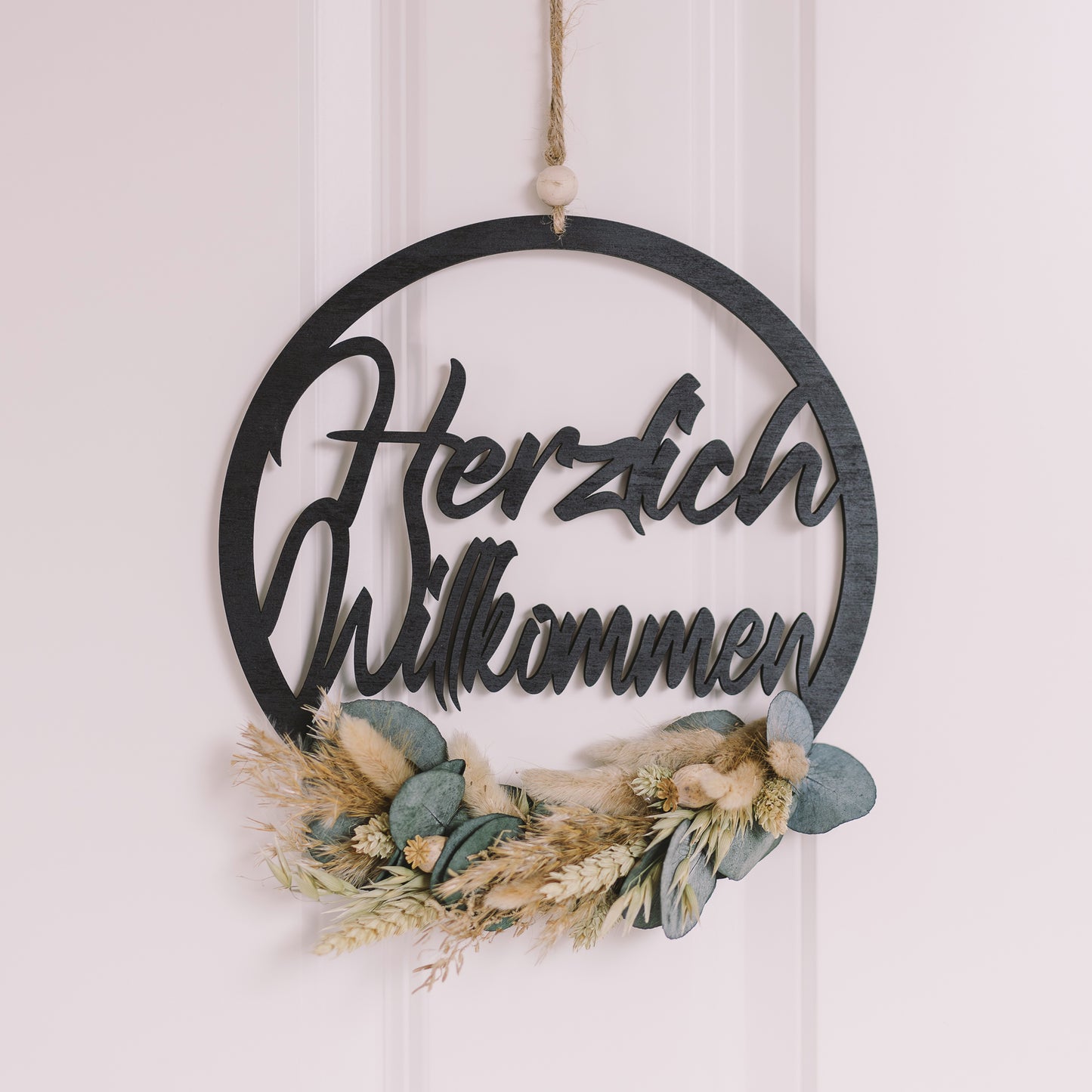 Trockenblumenkranz  Herzlich Willkommen Schriftzug